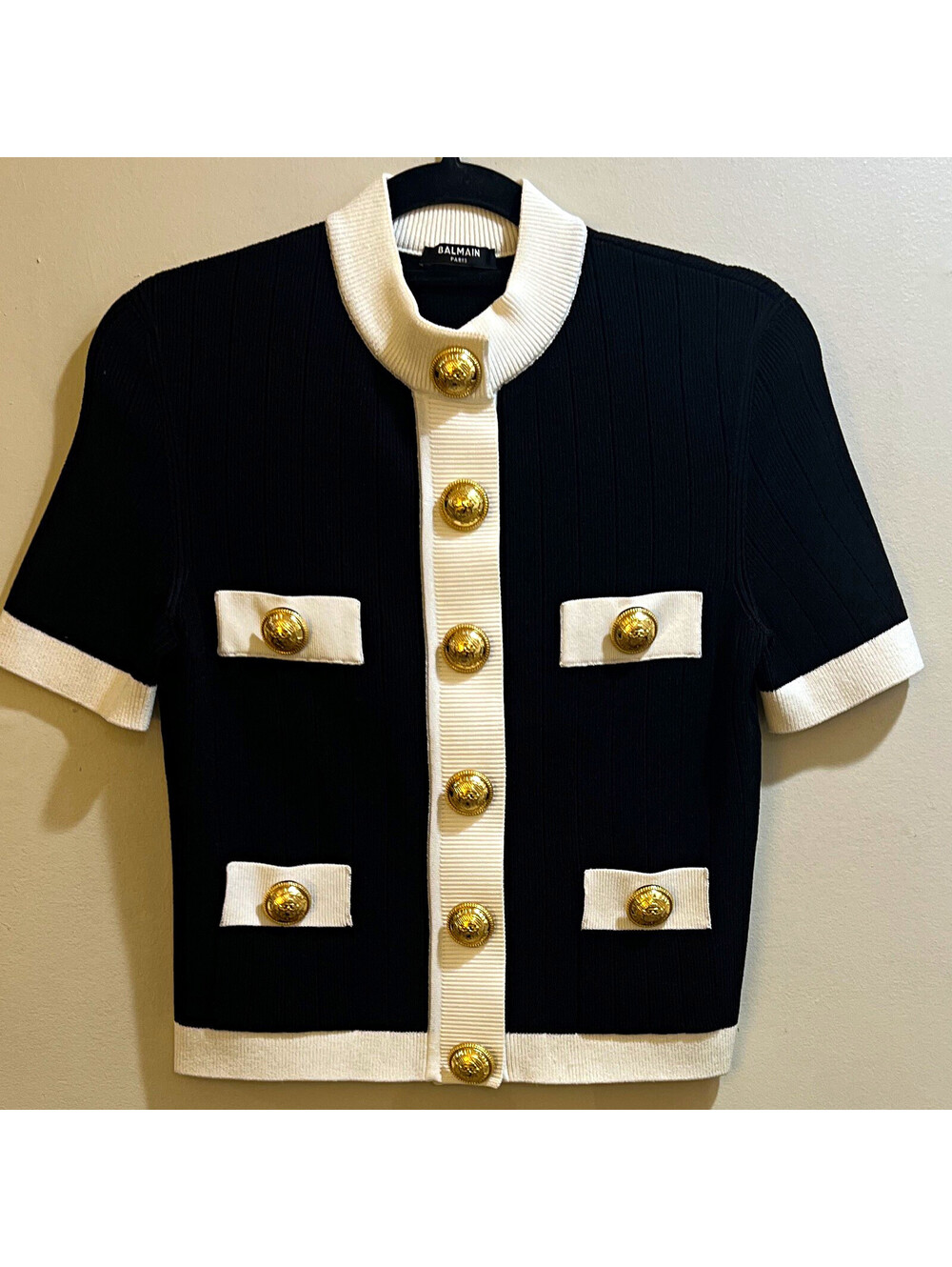 Balmain Black White Rib-Knit Collared Short Sleeve Cardigan XS KL023KF01